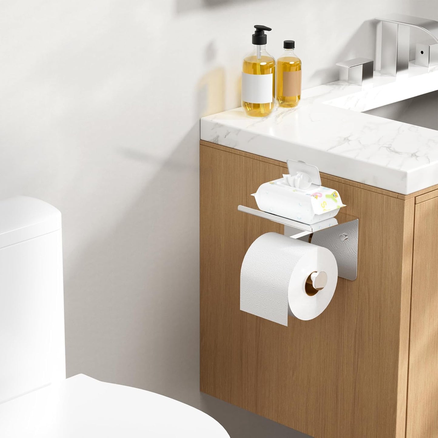 FORIOUS Toilet Paper Holder with Shelf, Adhesive or Screw, Commercial | Brushed Nickel | Wall Mount Bathroom Tissue Holder | SUS304 Stainless Steel Rustproof | Bathroom Tissue Roll Holder