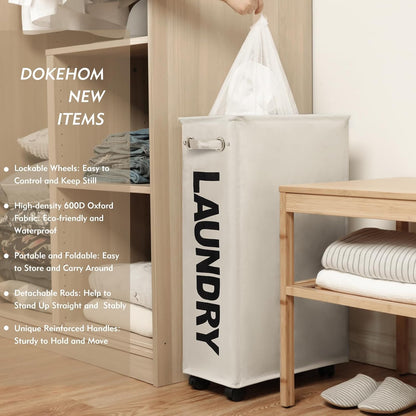 DOKEHOM 25" Slim Rolling Laundry Basket Hamper, Narrow on Wheels, Grey | Collapsible narrow laundry hamper with mesh drawstring closure. Foldable corner clothes storage bin for small spaces