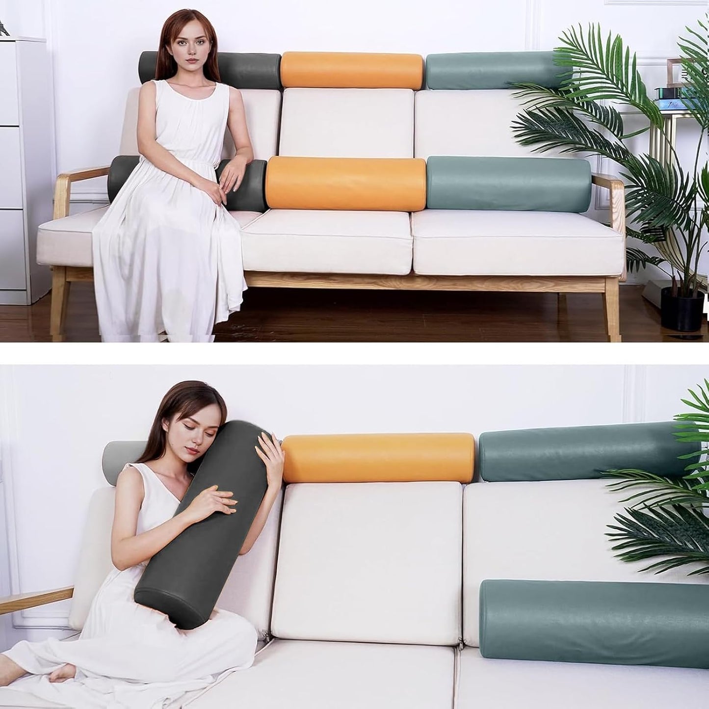 2 Pack Neck Roll Pillow, High-Density Foam Cylinder Bolster Pillow for Neck, Back & Lumbar Support, Ergonomic Round Pillow for Side Sleepers, Sleeping, Removable Washable Cover (7.9''x23.6'' Orange)