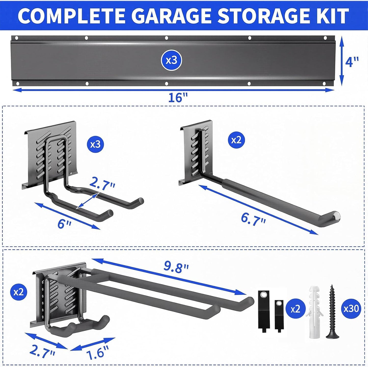 Garage Tool Organizer Wall Mount, 48 Inch Heavy Duty Garden Tool Organizer Storage System, Easy Install with 6 Adjustable Straight Hooks, for Garage, Basement, Shed, Workshop, Black, Steel