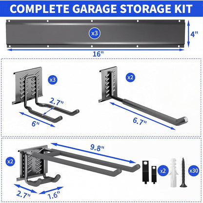Garage Tool Organizer Wall Mount, 48 Inch Heavy Duty Garden Tool Organizer Storage System, Easy Install with 6 Adjustable Straight Hooks, for Garage, Basement, Shed, Workshop, Black, Steel