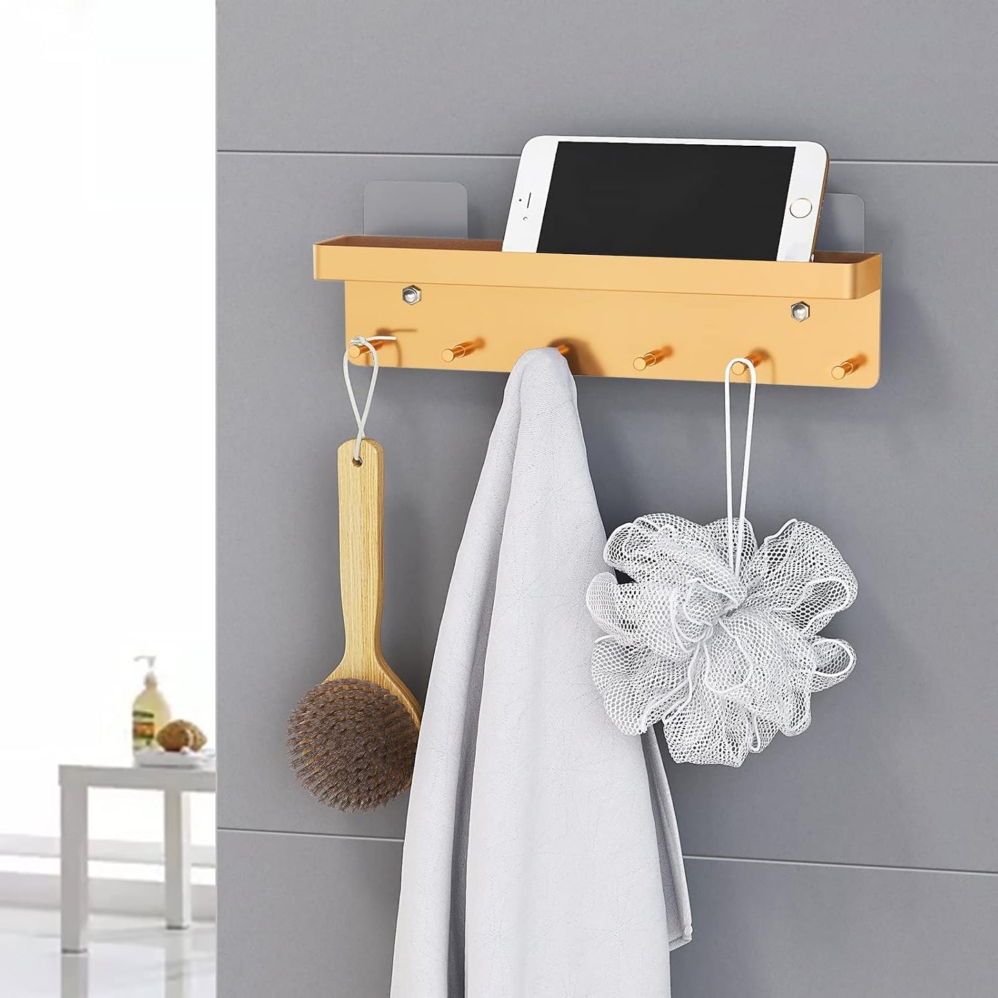 MKO Key Holder Wall Mount, Key Holder Wall Mount Adhesive with Mail Organizer Tray with 6 Key Hooks for Wall, Black | Metal Material, Key Rack with Shelf, Mail Organizer Tray for Entryway, Hallway, Living Room