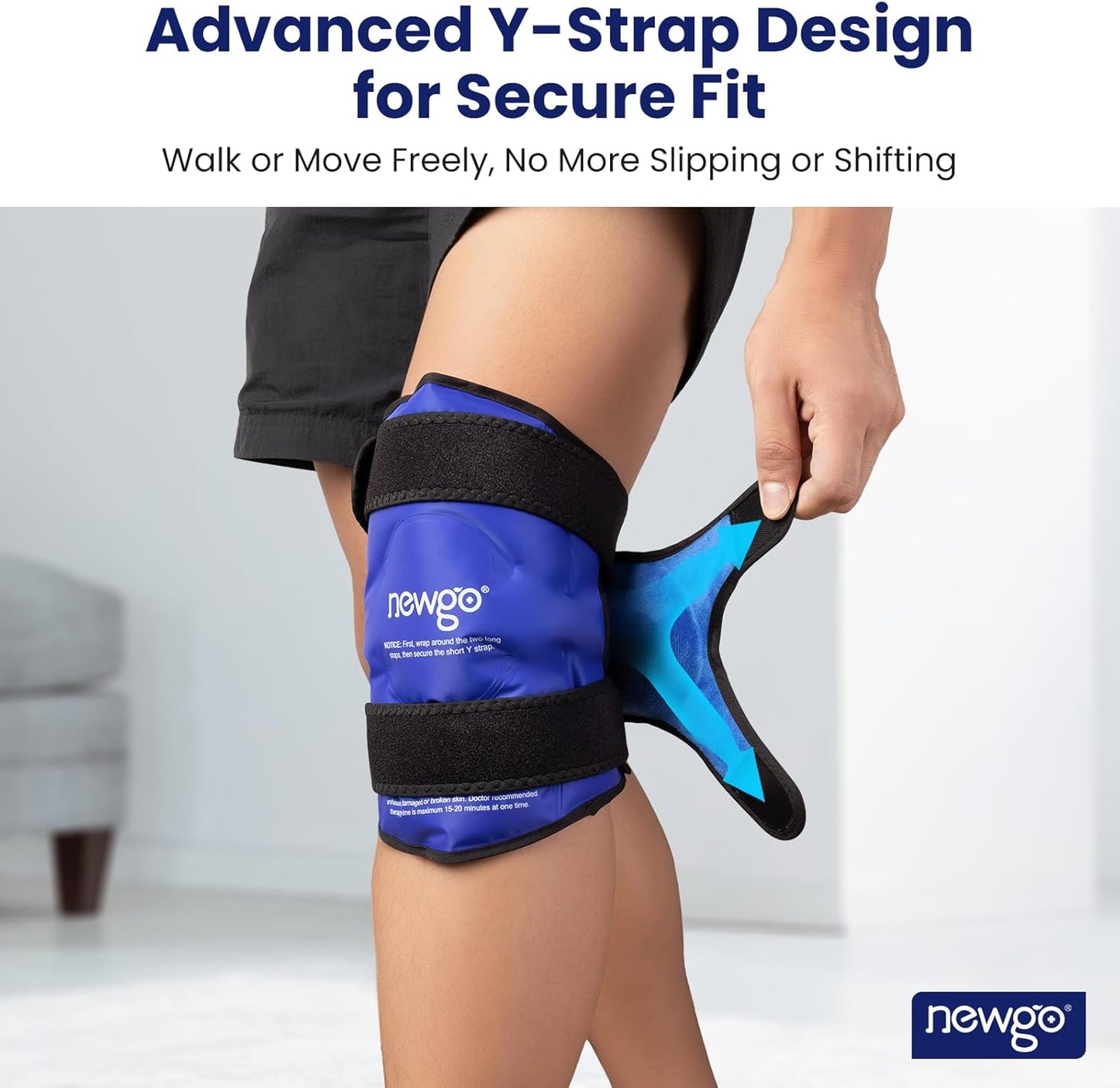 NEWGO Knee Ice Pack Wrap, 360° Full Wrap, Blue | Y-shaped Strap Stays Put, Reusable for Knee Replacement, ACL, Arthritis, Swelling, and Sports Injuries, 21.7" x 9.8"
