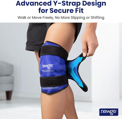 NEWGO Knee Ice Pack Wrap, 360° Full Wrap, Blue | Y-shaped Strap Stays Put, Reusable for Knee Replacement, ACL, Arthritis, Swelling, and Sports Injuries, 21.7" x 9.8"