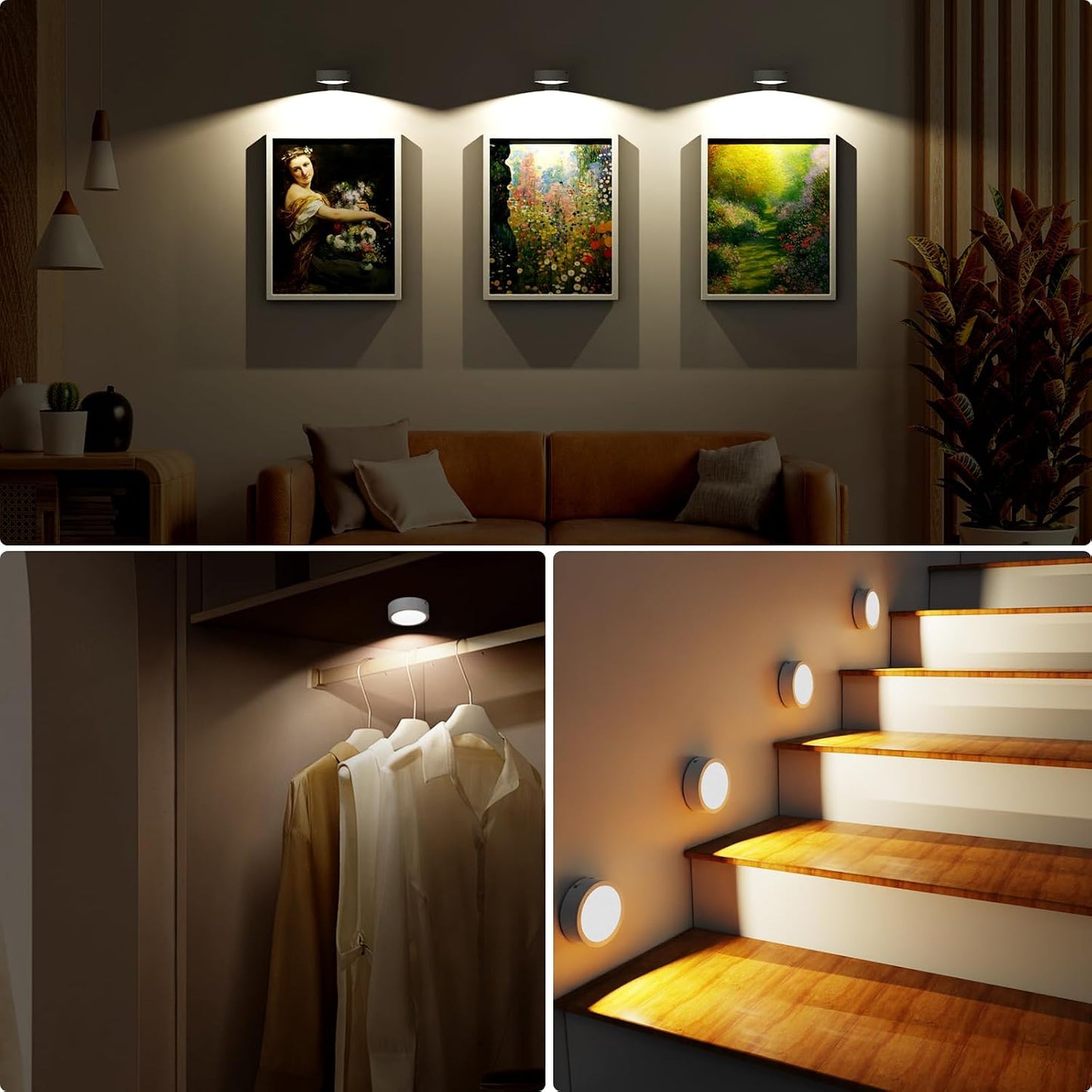3 Pack Picture Lights for Wall, Rechargeable Battery Operated wall lights, Picture Frame lights with 3 Lighting Modes, Wireless Magnetic Painting Light with Remote Control Timer (White, 3 Pack)