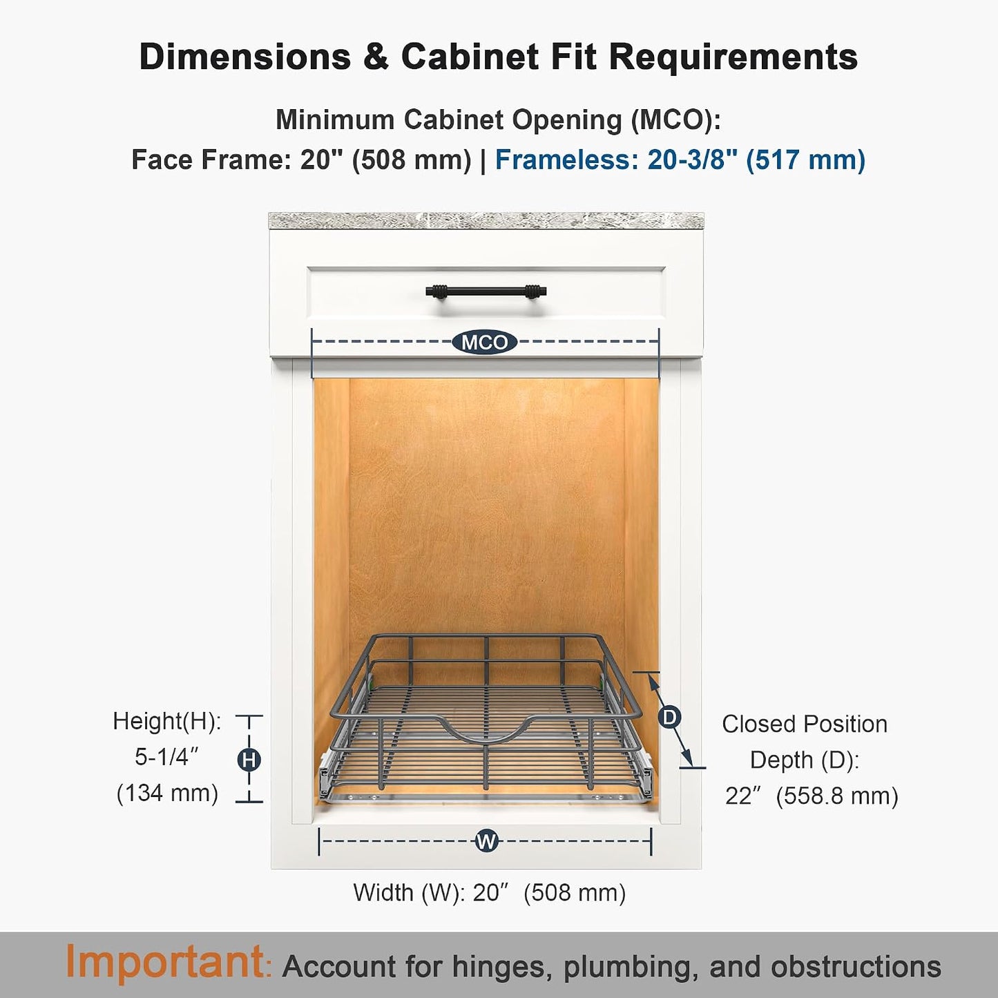 2 Tier Pull Out Cabinet Organizer - 20" W x 22" D Soft Close Slide Out Shelves with Shelf Liners - Pullout Drawers for Kitchen Cabinets, Pantry, Bathroom, Heavy Duty Steel Wire Baskets