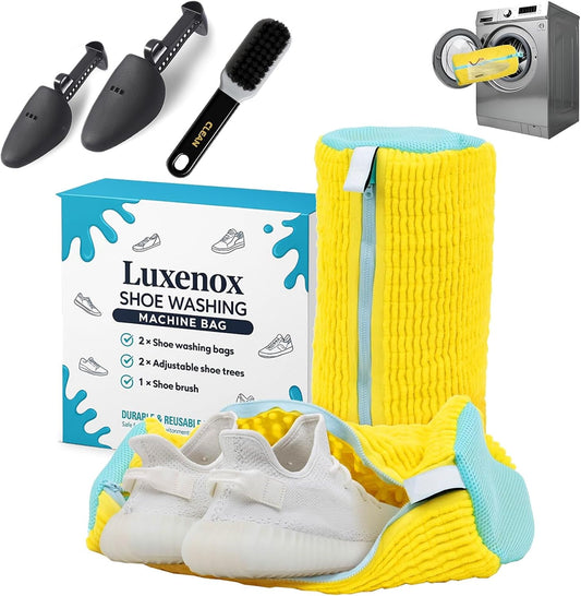 Mesh Shoe Washing Machine Bag Kit, 2 Sneaker Laundry Bags & Brush | Includes 2 Shoe Trees, YKK Zipper, Dryer Safe