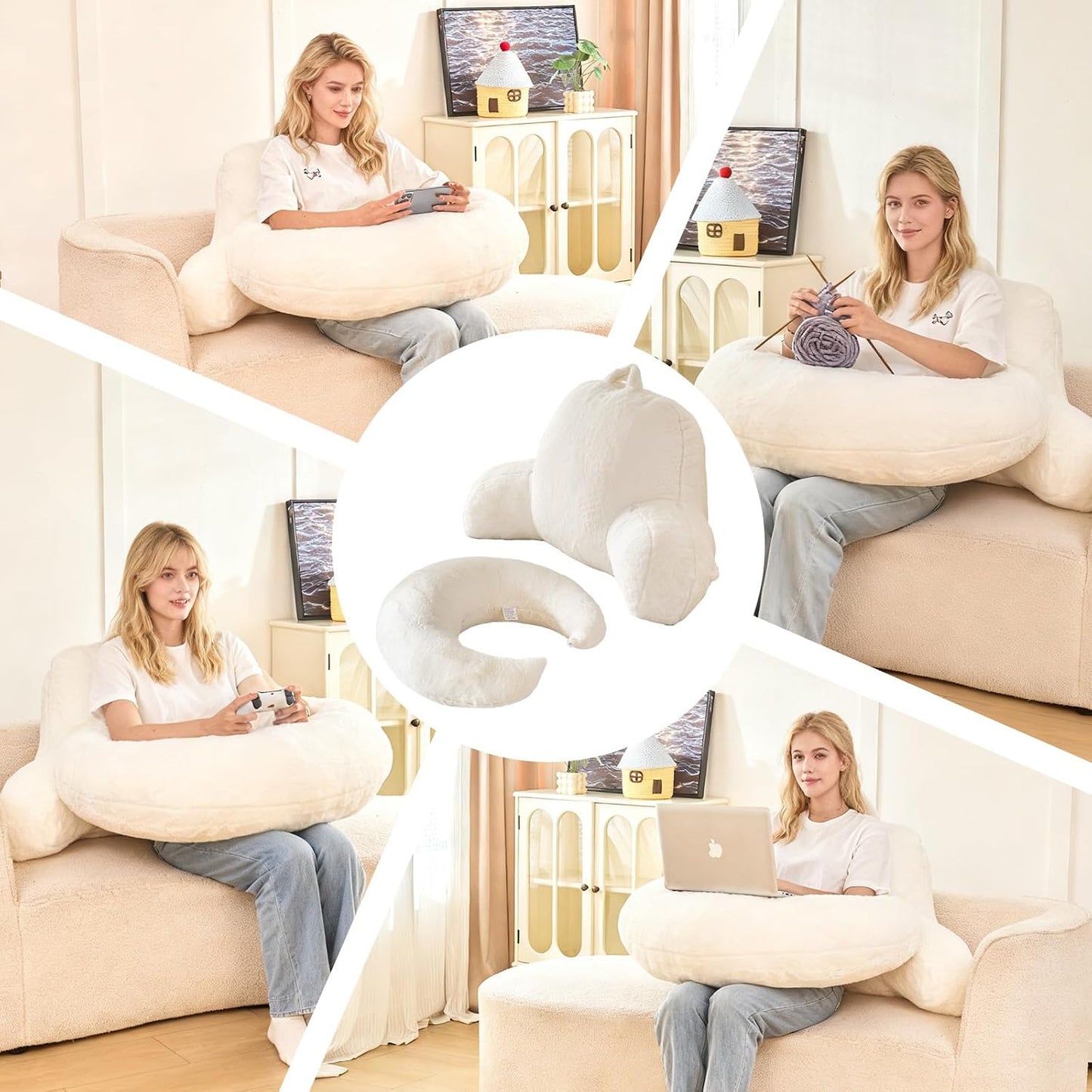 Reading Pillow with Arms for Sitting in Bed,Backrest,White Flannel,M | 17" Backrest Supports Back for College Students,Elbows & Forearms for Dorm Reading,Gaming,Watching TV