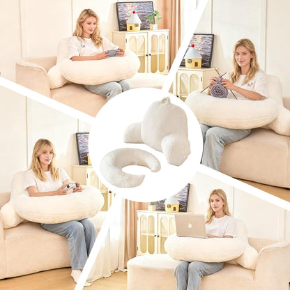 Reading Pillow with Arms for Sitting in Bed,Backrest,White Flannel,M | 17" Backrest Supports Back for College Students,Elbows & Forearms for Dorm Reading,Gaming,Watching TV