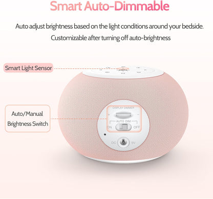 REACHER Auto Dimmable Sound Machine Alarm Clock with Night Light for Girls