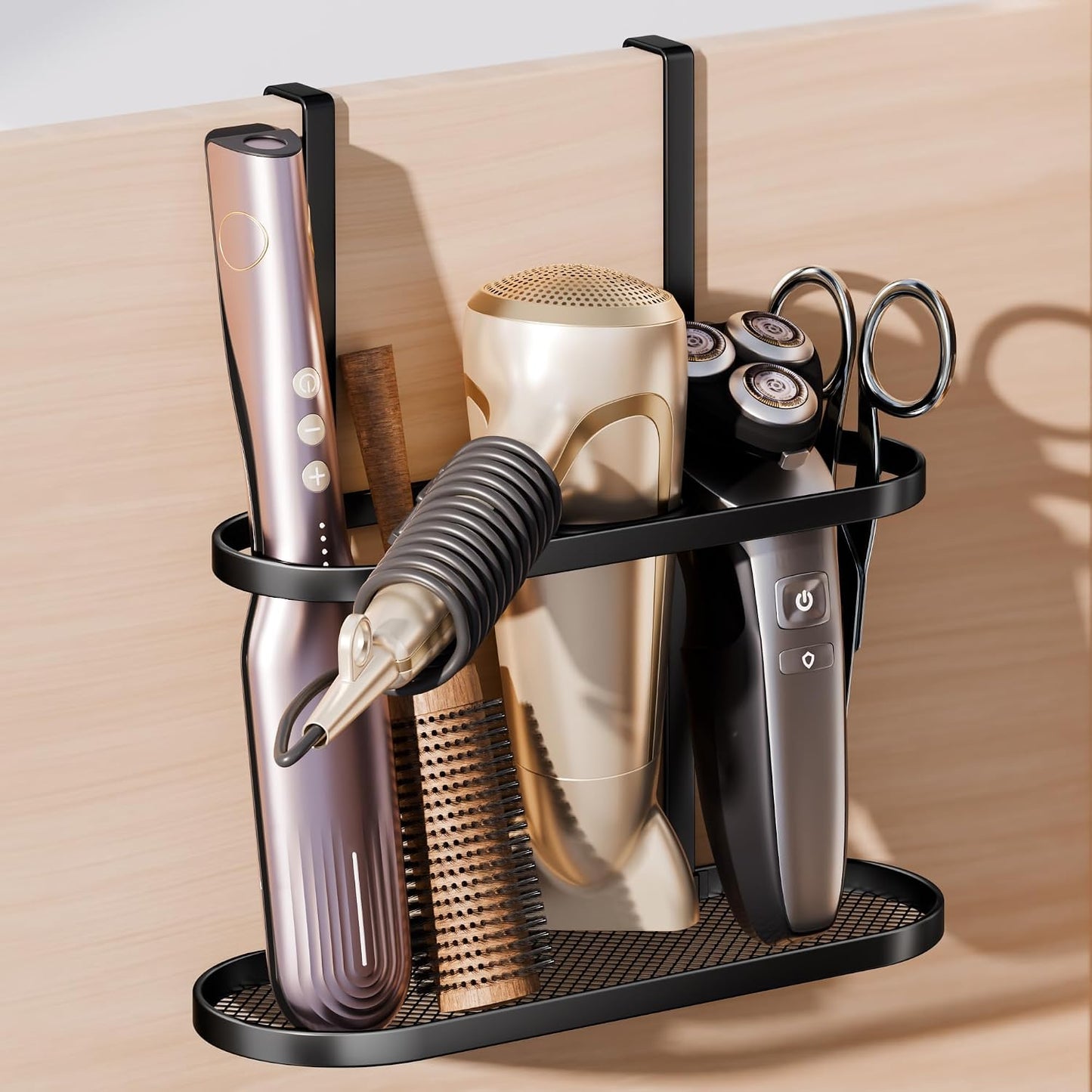 3-in-1 Hair Tool Organizer Holder for Dryer, Straightener & Curling Iron - Multi-Placement Design Mounts on Cabinet Door&Tabletop (Black Elliptic Frame)