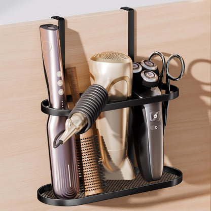 3-in-1 Hair Tool Organizer Holder for Dryer, Straightener & Curling Iron - Multi-Placement Design Mounts on Cabinet Door&Tabletop (Black Elliptic Frame)