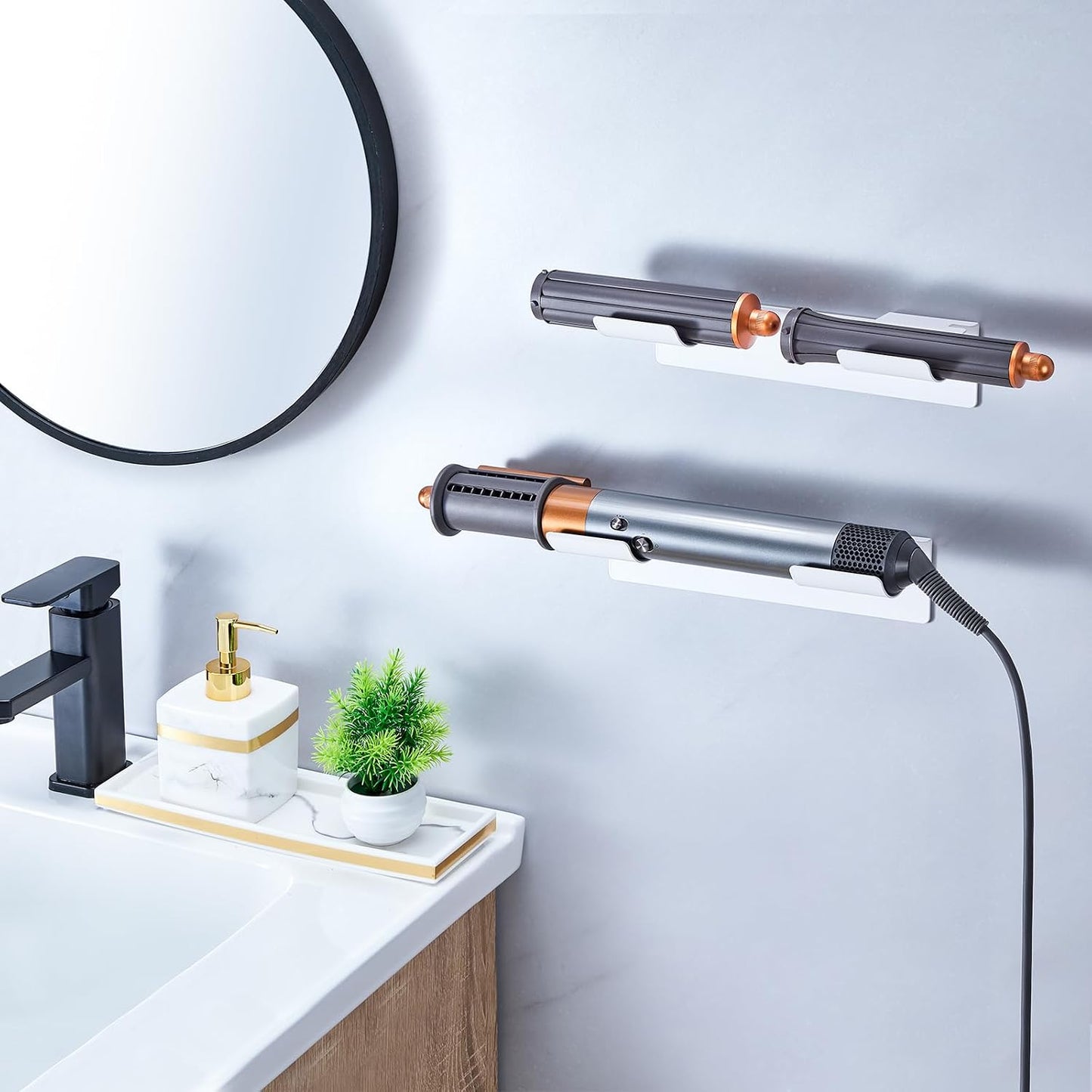 2 PCS Wall Mount Curling Iron Holder and Hair Tool Organizer with Adhesive, Multifunctional Hot Flat Iron and Hair Straightener Holder Storage Stand for Vanity, Cabinet and Wall, White