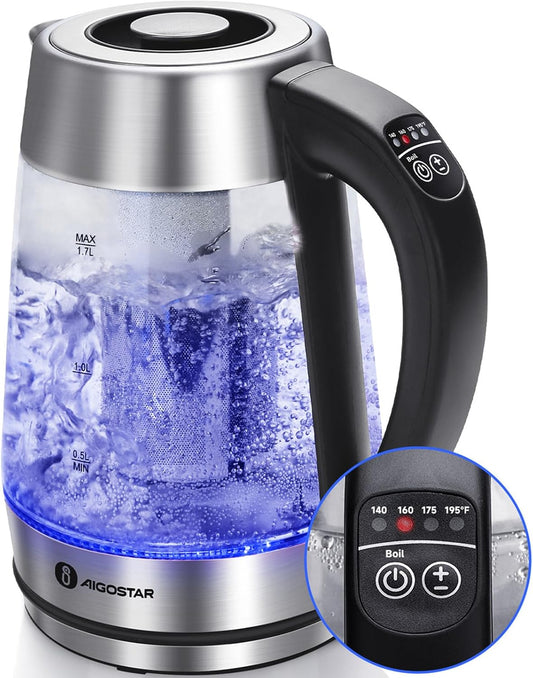 Aigostar Electric Kettle with Temperature Control and Tea Infuser | 1500W, 1.7L Hot Water Kettle with Variable Temperature, Keep Warm Function, LED Indicator Light Change, Auto Shut-Off