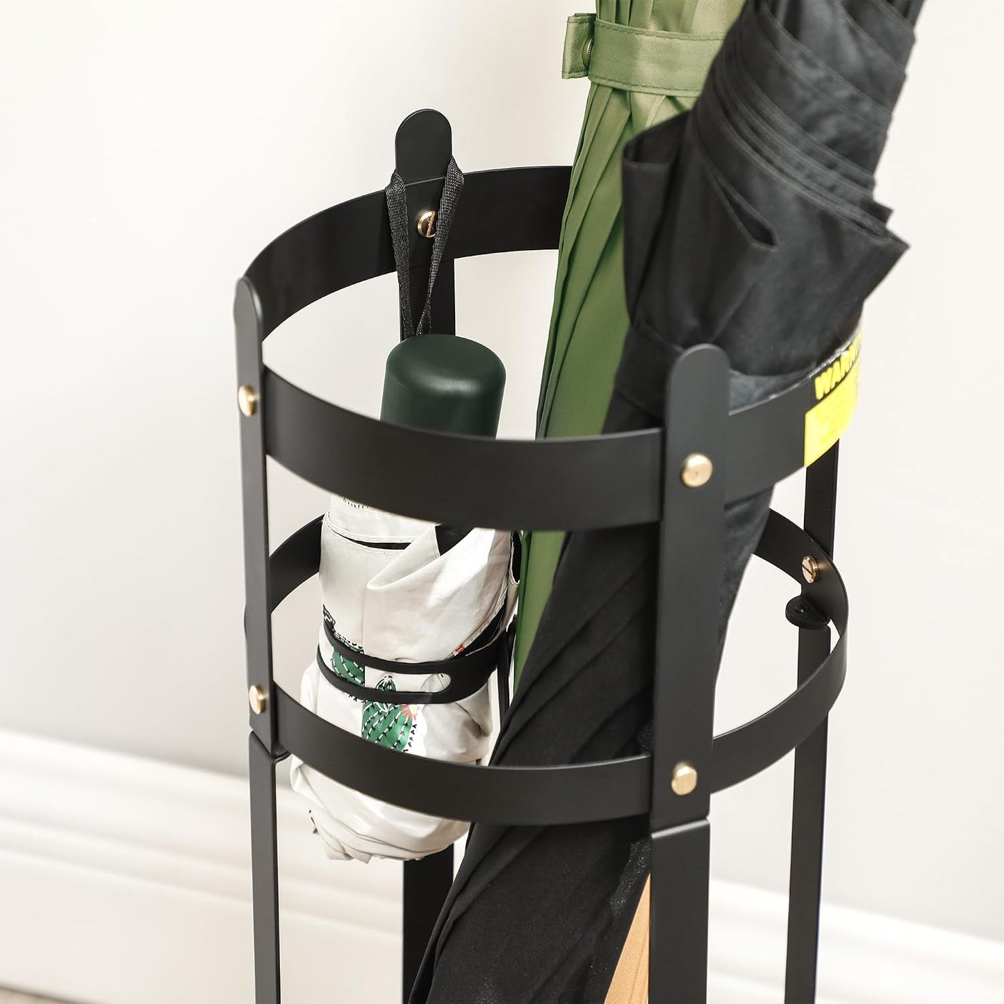 SONGMICS Umbrella Stand, Metal Umbrella Holder for Entryway, with Water Tray and 4 Hooks, 7.7 x 7.7 x 19.3 Inches, Round, Ink Black ULUC23B