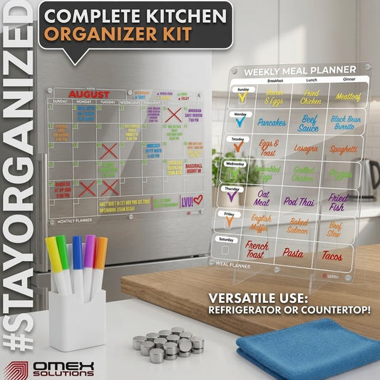 Magnetic Calendar for Refrigerator – Fridge Calendar Dry Erase Board, Acrylic Monthly Calendar & Weekly Meal Planner, Color-Coded Family Organizer, Dry Erase Markers & Stand | Omex Solutions