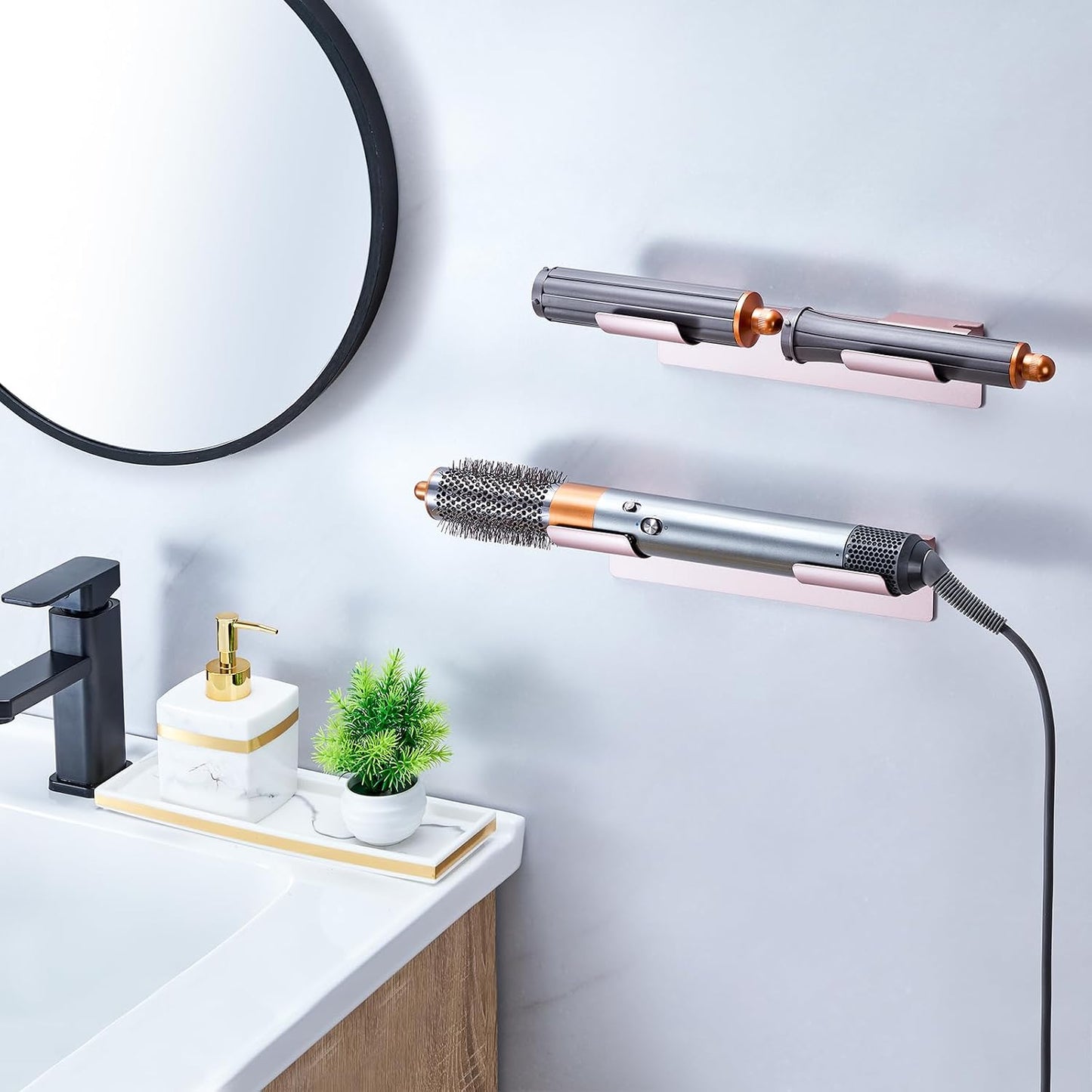 2 PCS Wall Mount Curling Iron Holder and Hair Tool Organizer with Adhesive, Multifunctional Hot Flat Iron and Hair Straightener Holder Storage Stand for Vanity, Cabinet and Wall, White