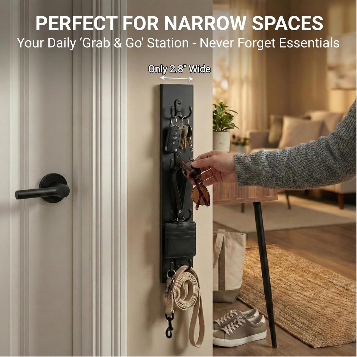 Vertical Key Holder for Wall & Dog Leash Holder – Solid Wood Wall Mount Key Rack with 8 Hooks – Small Space Saving Entryway Organizer for Keys, Lanyards, Masks (Adhesive or Screws) (White)