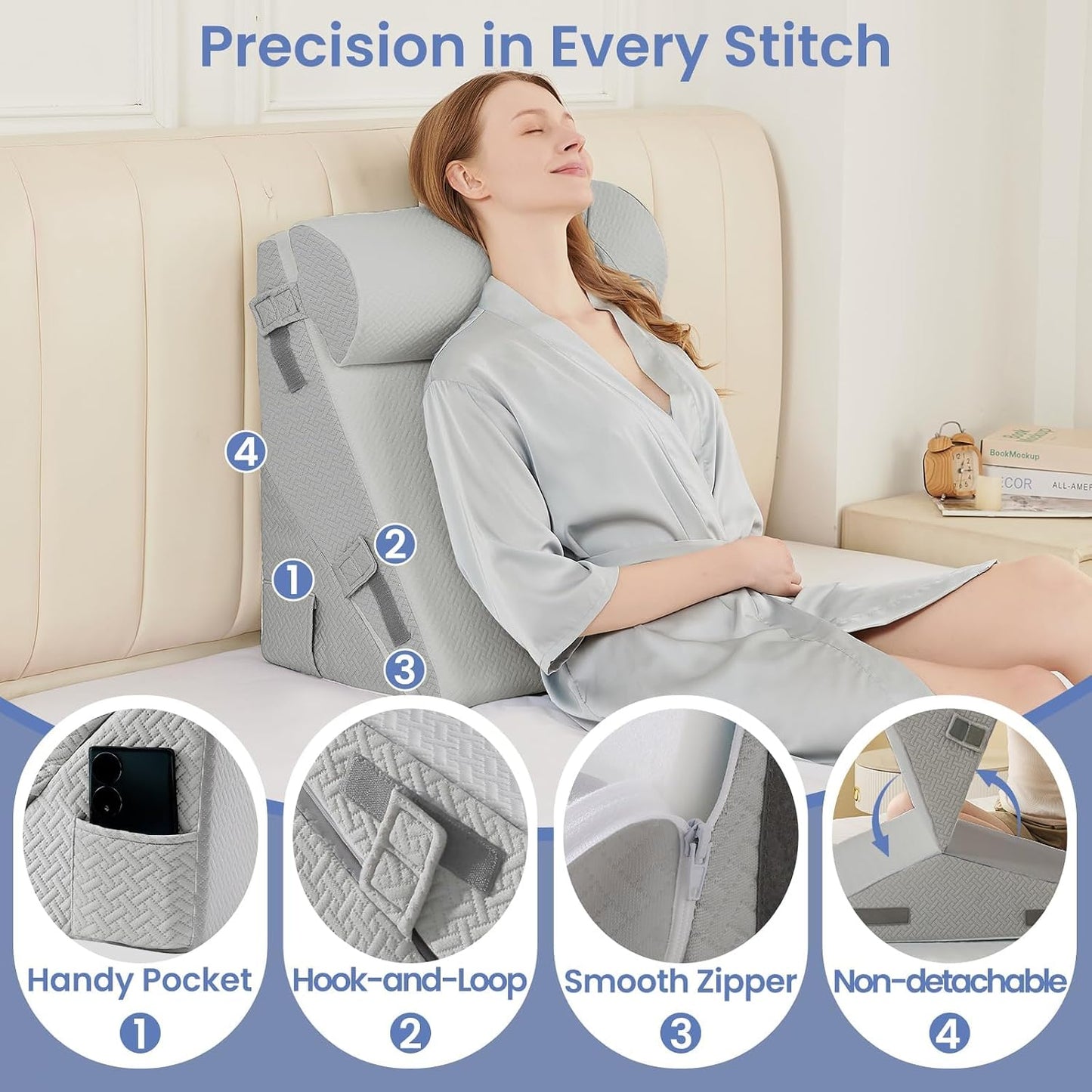 Sasttie Adjustable Wedge Pillow Set for After Surgery, Dark Grey & White | Bed Wedge Pillow Headboard with Memory Foam Neck Cushion, for Acid Reflux, Sleeping, Neck & Back Support