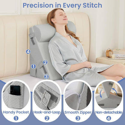 Sasttie Adjustable Wedge Pillow Set for After Surgery, Dark Grey & White | Bed Wedge Pillow Headboard with Memory Foam Neck Cushion, for Acid Reflux, Sleeping, Neck & Back Support