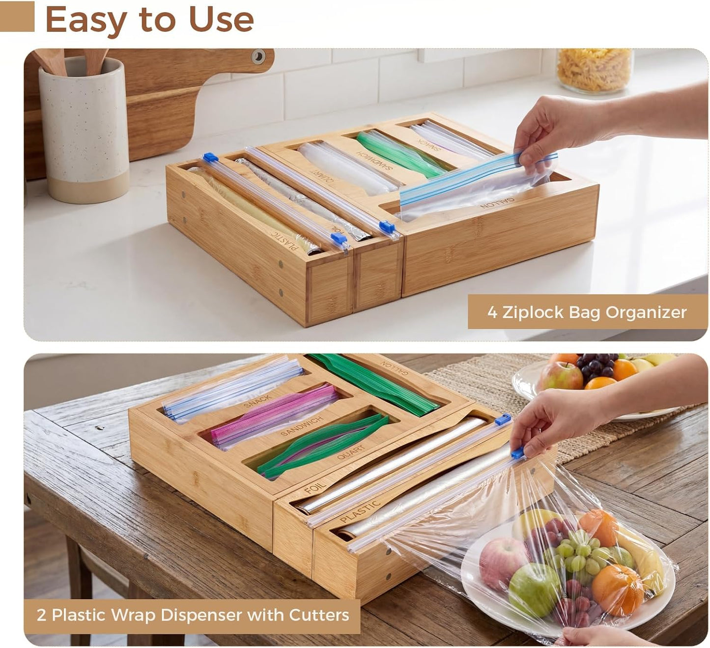 6-in-1 Bamboo Kitchen Drawer Organizer for Storage Bag, Foil & Plastic Wrap | Saran Wrap Dispenser with Cutter, Plastic & Grocery Bag Holder, Bamboo Drawer Organizer, Gallon/Quart Storage Bags