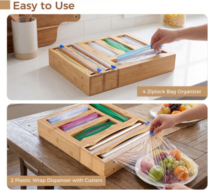 6-in-1 Bamboo Kitchen Drawer Organizer for Storage Bag, Foil & Plastic Wrap | Saran Wrap Dispenser with Cutter, Plastic & Grocery Bag Holder, Bamboo Drawer Organizer, Gallon/Quart Storage Bags