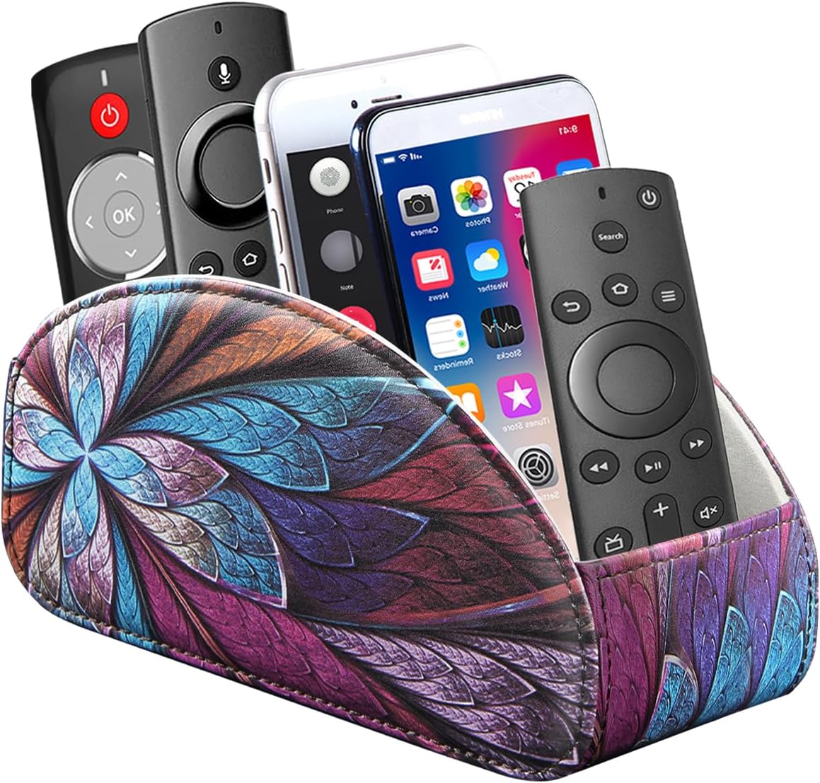 Pu Leather TV Remote Control Holder with 5 Compartments,Remote Caddy/Tray | Bedside Table Desk Storage Box/Organizer for Pen,DVD,Blu-Ray,Media Player,Heater Controller,Cosmetics,Glasses,Office Supplies