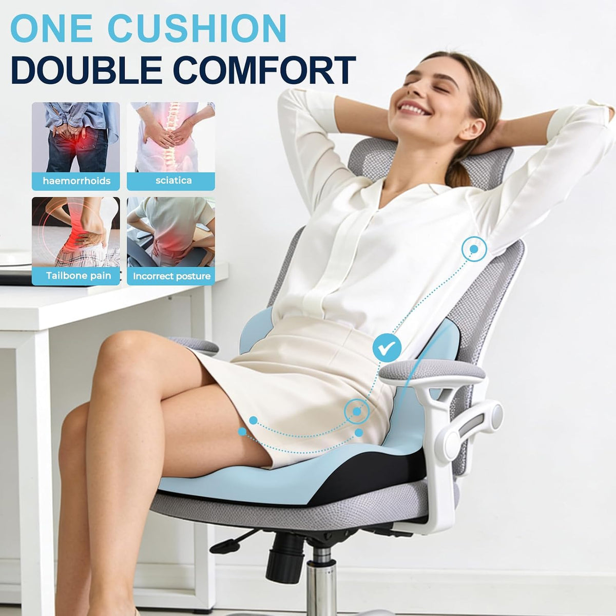 Seat Cushion for Office Chair and Car, L-Shaped Ergonomic Car Seat Cushions, Memory Foam Chair Cushion, Lumbar Support Pillow for Wheelchair, Car, Home, Office, Desk, Black