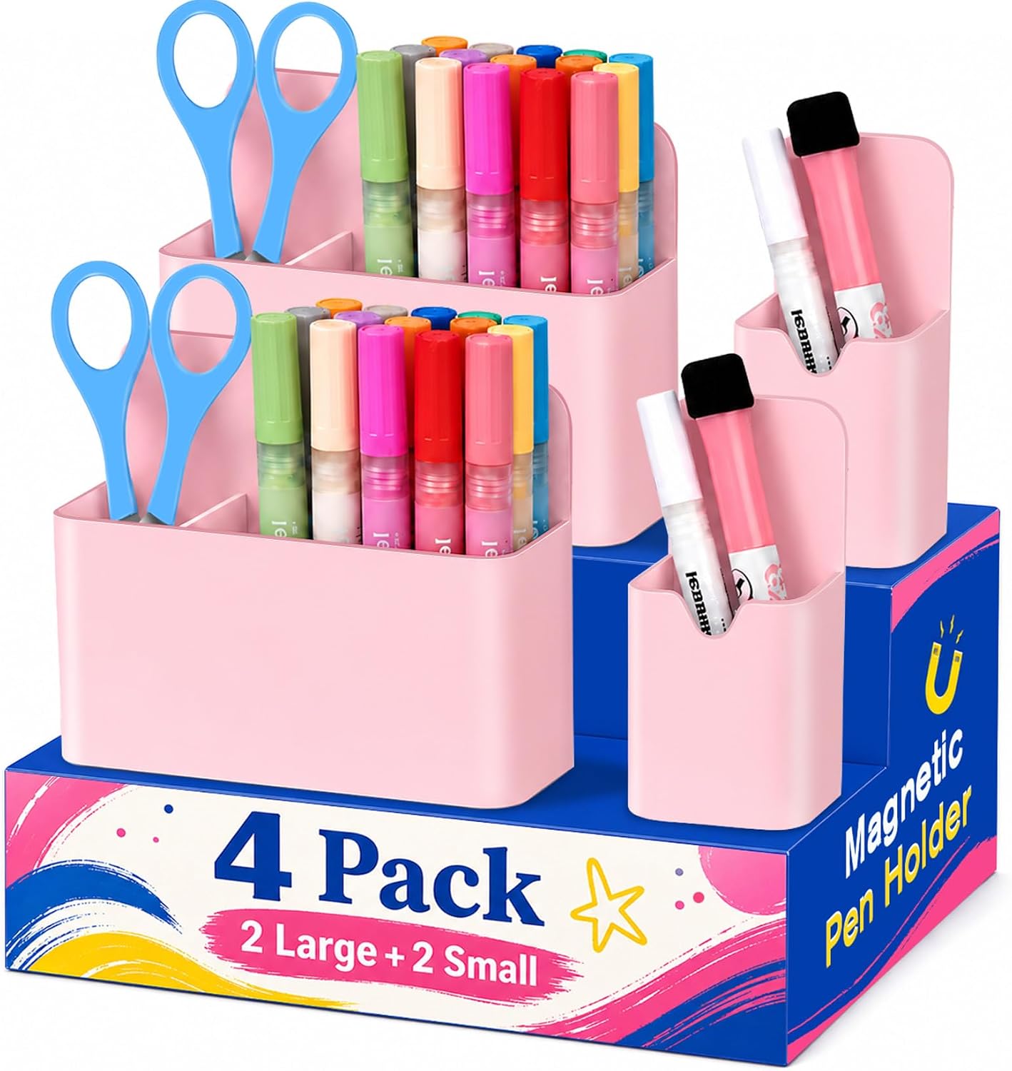 Magnetic Pen Holder, Magnetic Marker Holder, 4 Pack, White | Magnetic Cups for Dry Erase Markers, Pen Organizer for Whiteboard, Refrigerator, Locker, Cruise, Classroom, Office, School