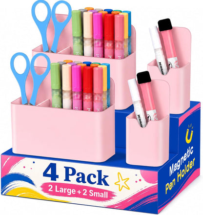 Magnetic Pen Holder, Magnetic Marker Holder, 4 Pack, White | Magnetic Cups for Dry Erase Markers, Pen Organizer for Whiteboard, Refrigerator, Locker, Cruise, Classroom, Office, School