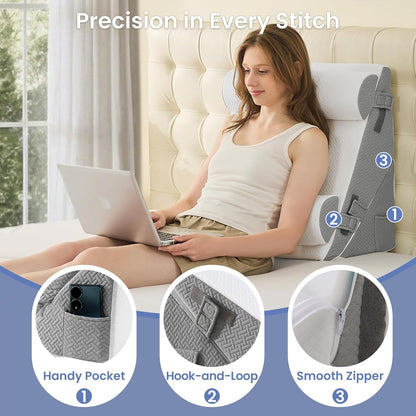 Sasttie Adjustable Wedge Pillow Set for After Surgery, Dark Grey & White | Bed Wedge Pillow Headboard with Memory Foam Neck Cushion, for Acid Reflux, Sleeping, Neck & Back Support
