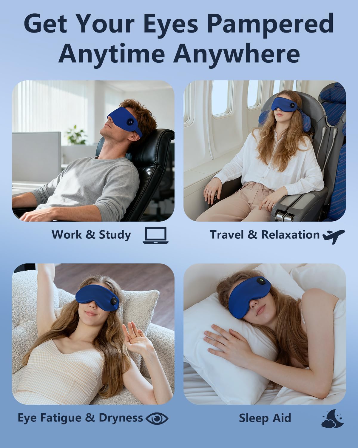 Heated Eye Mask for Dry Eyes – Cordless Warm Eye Compress, 100% Mulberry Silk Sleep Mask with Graphene Heating, 3 Heat Levels and Auto Shut-Off, Rechargeable and Washable Blue