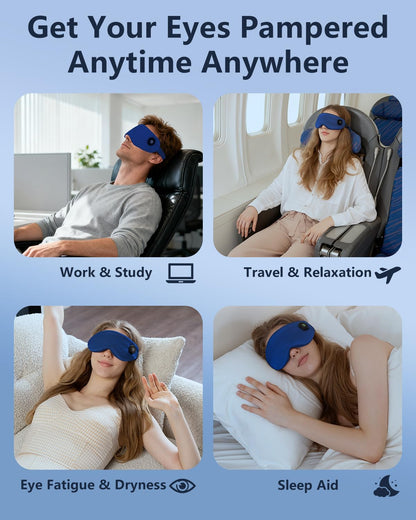 Heated Eye Mask for Dry Eyes – Cordless Warm Eye Compress, 100% Mulberry Silk Sleep Mask with Graphene Heating, 3 Heat Levels and Auto Shut-Off, Rechargeable and Washable Blue