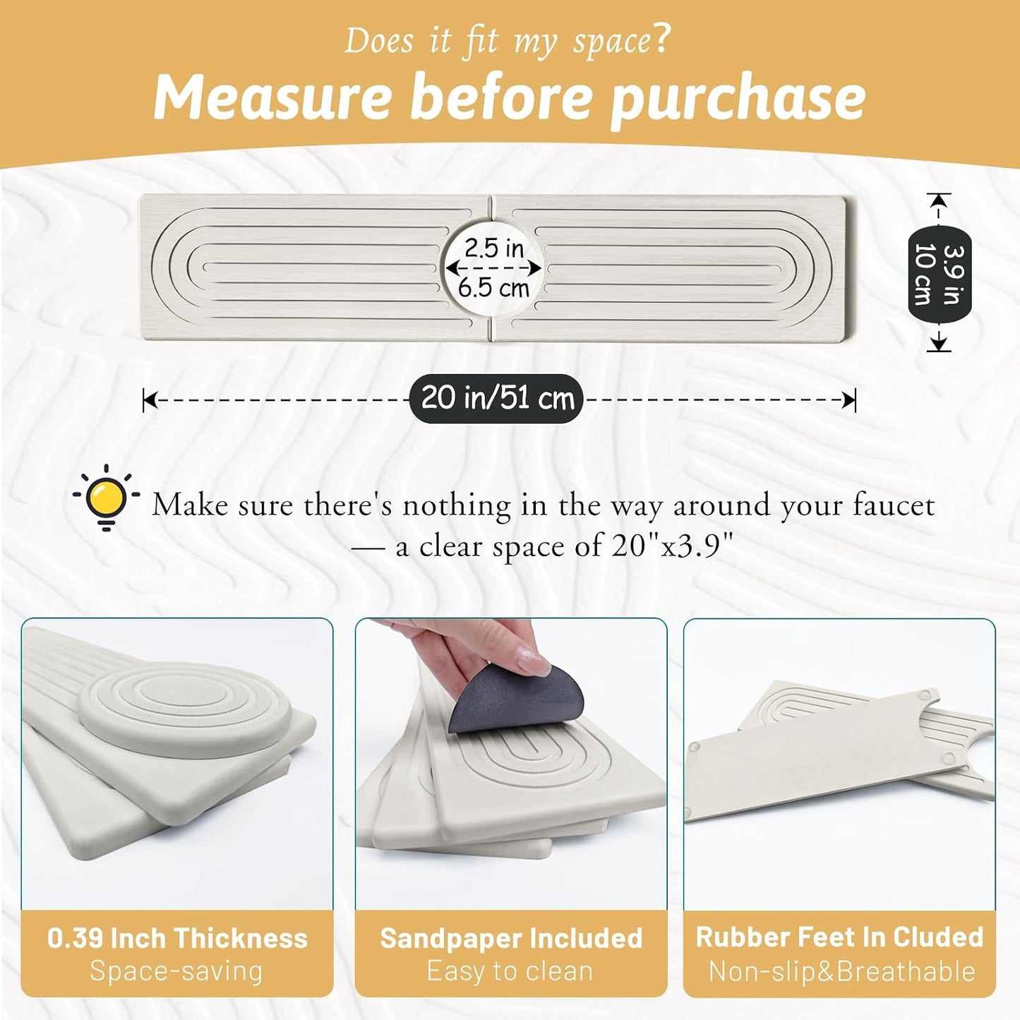 Faucet Mat for Kitchen Sink, 18" Wide Diatomite Fast Drying Stone Tray, Super Absorbent, Prevents Moisture Buildup, Faucet Water Splash Guard for Bathroom Counter, Sink Protector Gift for Mom, White