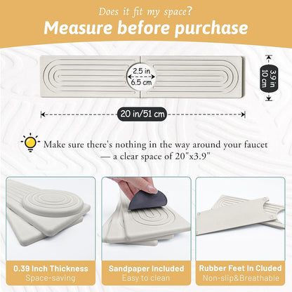 Faucet Mat for Kitchen Sink, 18" Wide Diatomite Fast Drying Stone Tray, Super Absorbent, Prevents Moisture Buildup, Faucet Water Splash Guard for Bathroom Counter, Sink Protector Gift for Mom, White
