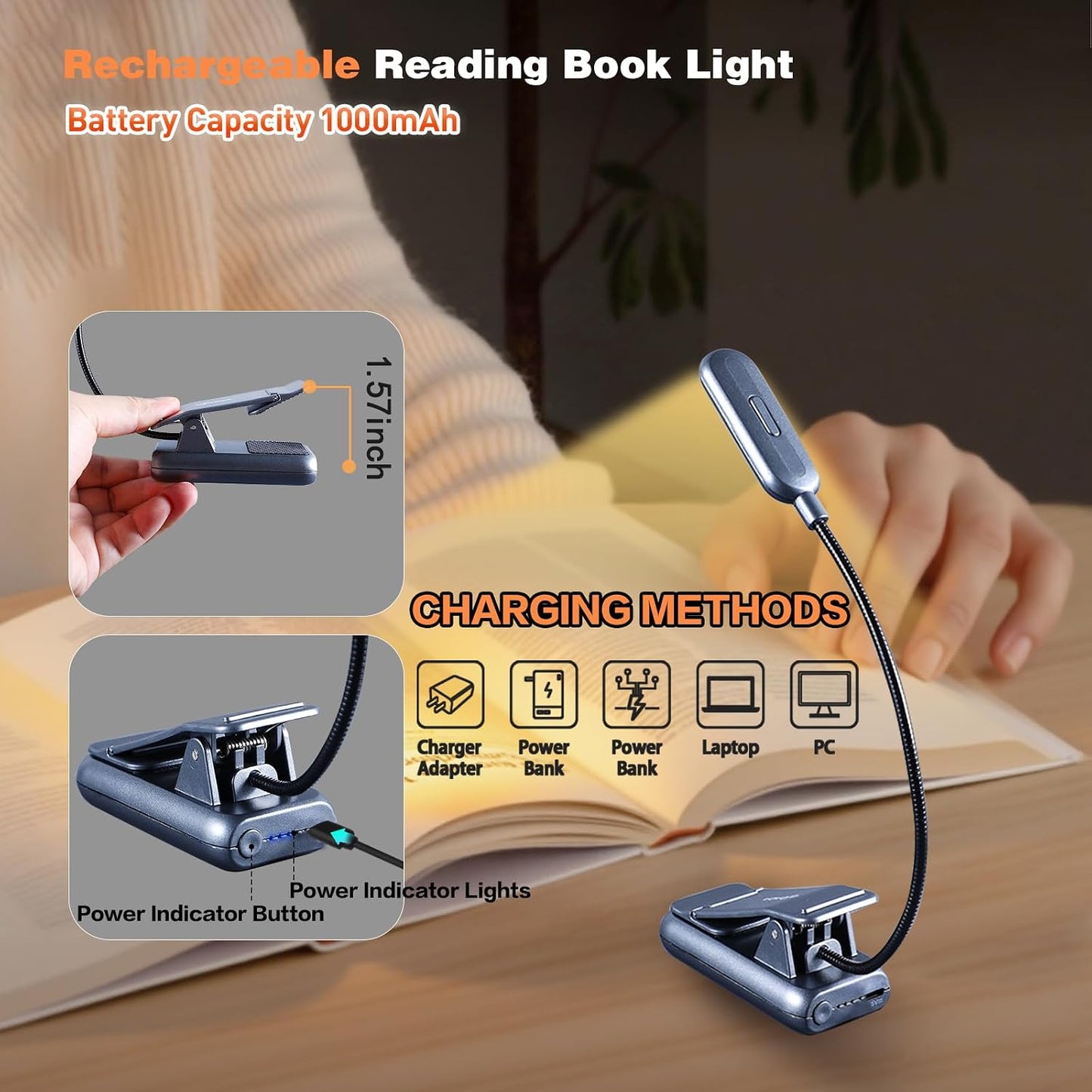 VAVOFO Rechargeable Book Light for Reading in Bed Kids, 7 LED Reading Light with 9-Level Warm Cool White Daylight, Eye Care Lamp with Power Indicator for Bookworms (Yellow)