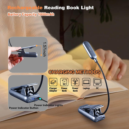 VAVOFO Rechargeable Book Light for Reading in Bed Kids, 7 LED Reading Light with 9-Level Warm Cool White Daylight, Eye Care Lamp with Power Indicator for Bookworms (Yellow)
