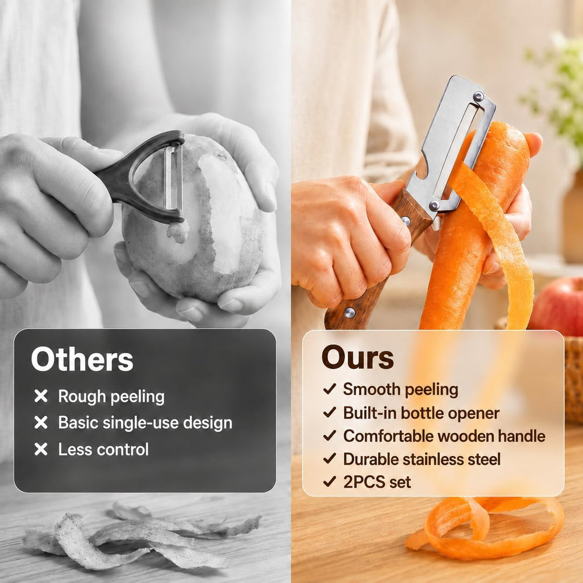 2PCS Vegetable Peeler, Stainless Steel Potato Peeler with Wooden Handle and Bottle Opener, Manual Fruit & Vegetable Peeler for Carrots, Apples, Cucumbers and Kitchen Meal Prep