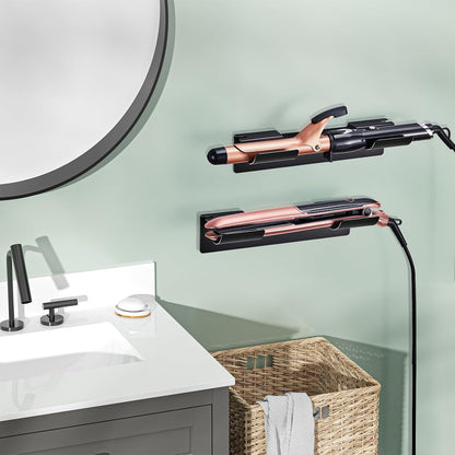 2 PCS Wall Mount Curling Iron Holder and Hair Tool Organizer with Adhesive, Multifunctional Hot Flat Iron and Hair Straightener Holder Storage Stand for Vanity, Cabinet and Wall, White