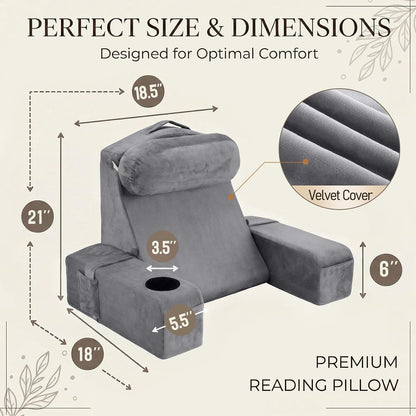 21 INCH Reading Pillow for Adults, Back Pillow for Bed Sitting Up, Backrest Pillow for Sitting in Bed, Detachable Arms with Built-in Cup & Phone Caddy (Gray, 21 INCH)