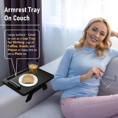 Couch Arm Tray,Bamboo Sofa Clip on Side Table,Foldable Couch Armrest Table with 360°Rotating Phone Holder,Anti Slip Food Trays for Eating/Drinks/Snacks/Remotes 15.35" x 9.85"