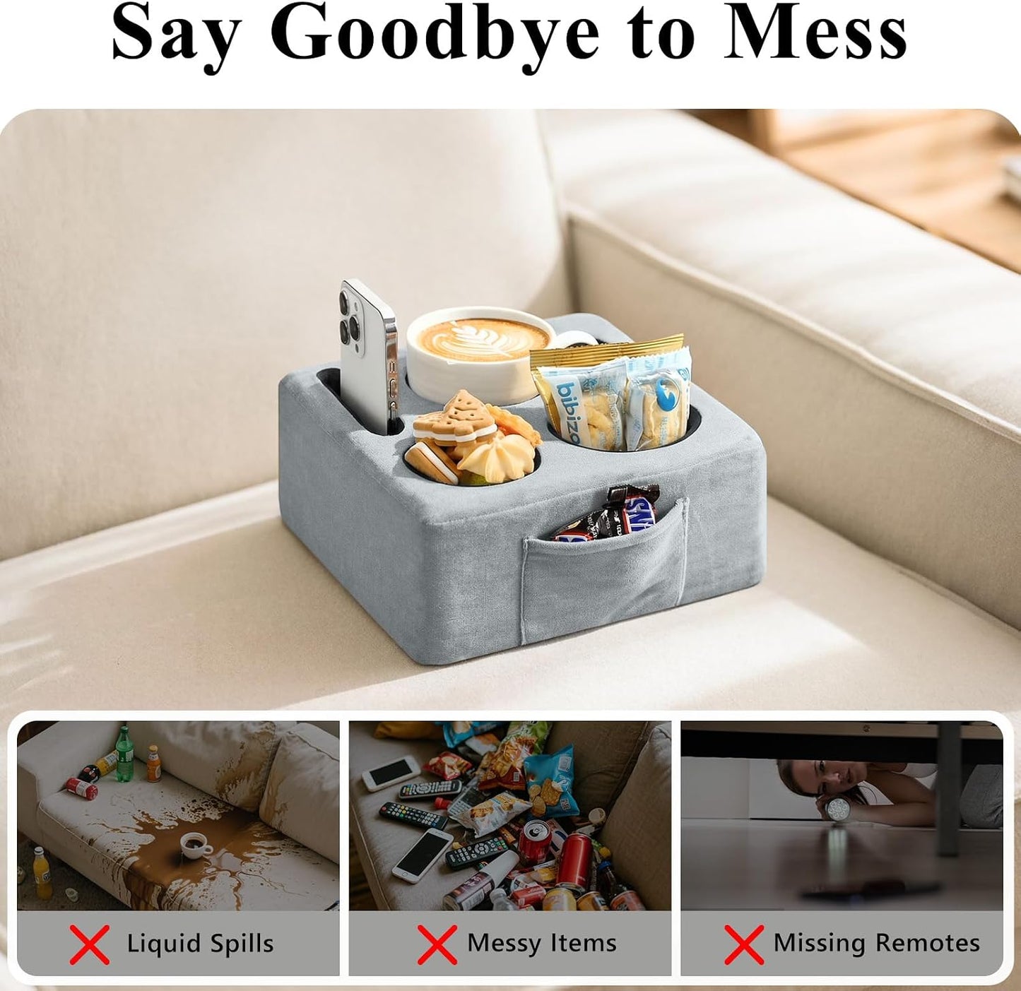 Luxspire Couch Cup Holder, Couch Caddy, 4 Holes, Gray | Couch Cup Holder Pillow Side Pocket and Handle, Couch Caddy Pillow for Phone/Drinks/Remote Control/Snacks