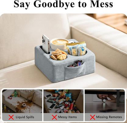 Luxspire Couch Cup Holder, Couch Caddy, 4 Holes, Gray | Couch Cup Holder Pillow Side Pocket and Handle, Couch Caddy Pillow for Phone/Drinks/Remote Control/Snacks
