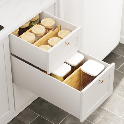 BAMEOS Bamboo Expandable Drawer Dividers – Fits 16.6"–22" Drawers, 2" High, Set of 4 | Spring-Loaded Bamboo Separator for Kitchen Island, Bathroom Vanity & Dresser Drawers