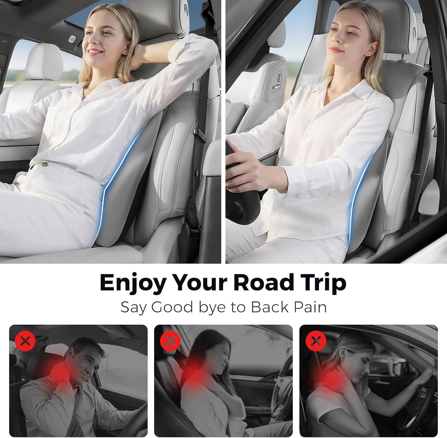 BEBAS Ergonomic Lumbar Support Pillow for Car, Memory Foam Car Back Cushion | Comfort Lumbar Pillow for Back Pain Relief, Breathable Washable Cover, Fits for Driving, Office, Wheelchair, Black