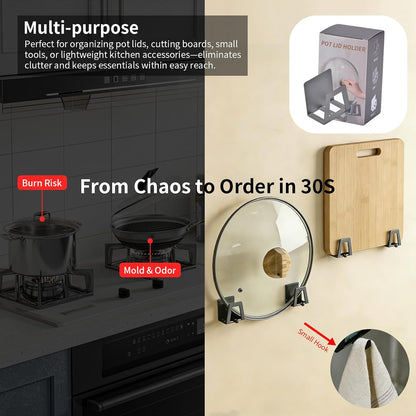 4 Pack Pot Lid Holders with Hook, Pot and Pan Hangers for Kitchen Inside Cabinet Wall Mount Rack Cabinet Door Lid Organizer, Save More Space, Black