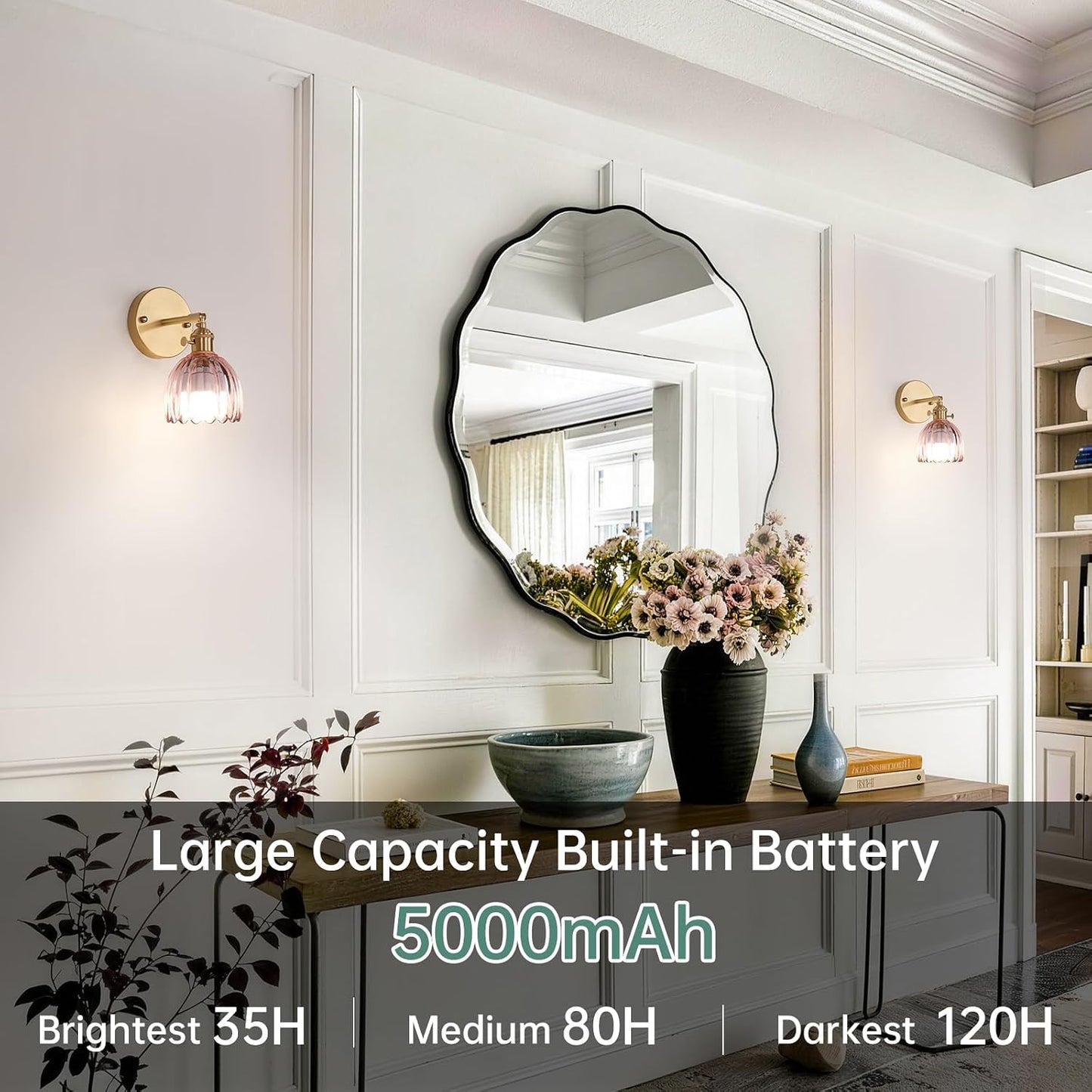 Shenmoyl Vintage Battery Operated Wall Sconce with Green Tulip Glass Lampshade Rechargeable Battery Powered Wall Light with Remote Control for Bedside Bedroom Doorway