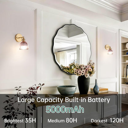 Shenmoyl Vintage Battery Operated Wall Sconce with Green Tulip Glass Lampshade Rechargeable Battery Powered Wall Light with Remote Control for Bedside Bedroom Doorway