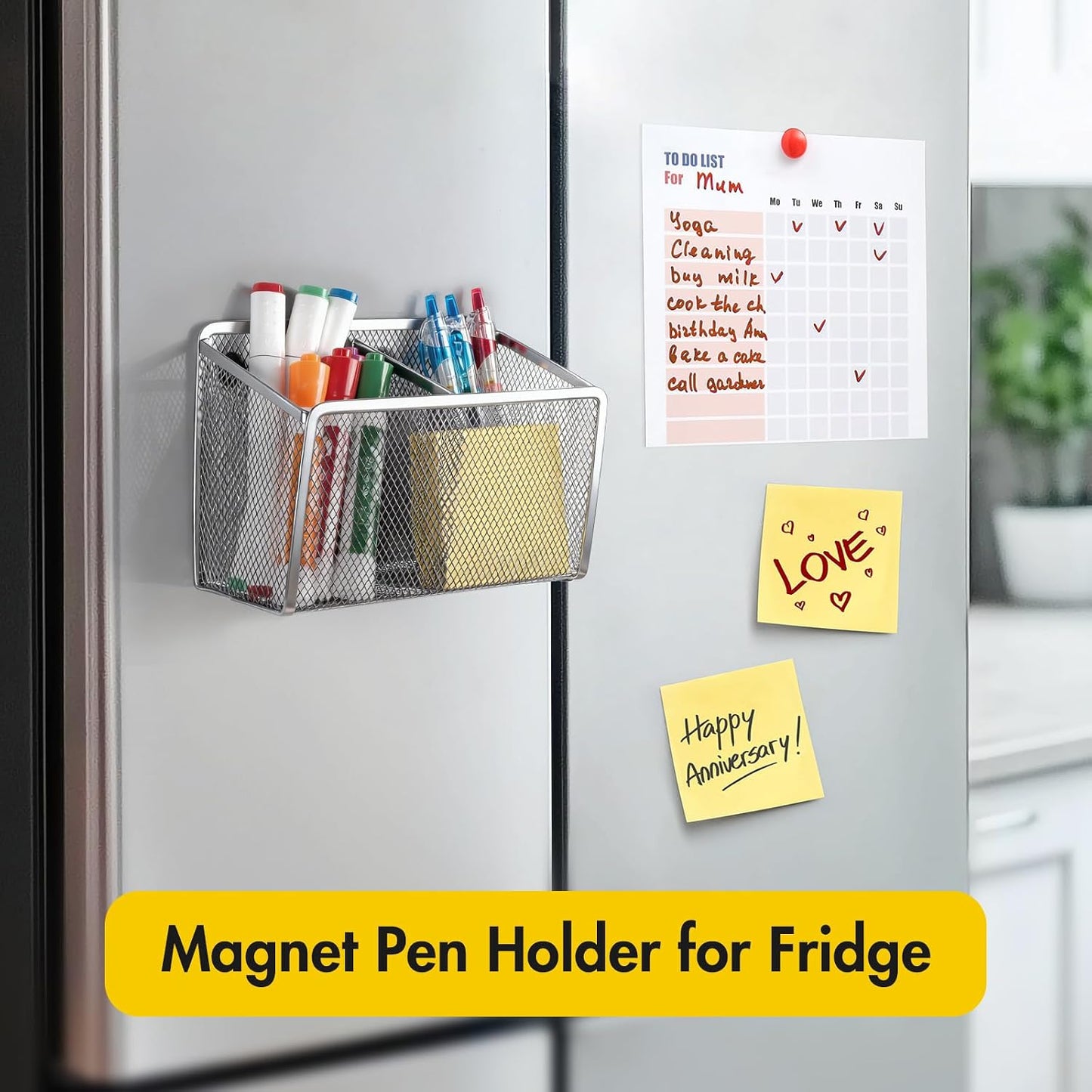 BEYGORM Magnetic Dry Erase Marker Holder for Whiteboard, Locker Organizer | Mesh Non-slip Pen & Pencil Holder for Refrigerator, Basket for Classroom, School &Office (Black, 1-Pack)