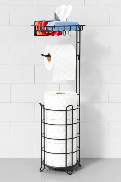 Goozii Gold Free Standing Toilet Paper Holder Stand with Phone Shelf, Floor Bathroom Tissue Holder for Large Mega Rolls, Metal Freestanding Toilet Paper Roll Holder with Wipes Storage Tray